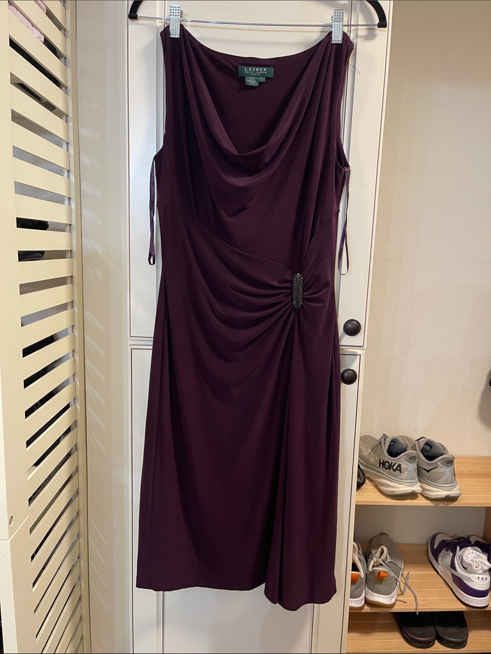 Lauren Ralph Lauren Deep Plum Draped Midi Dress with Brooch Accent